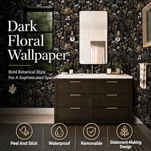 Black and Gold Peel and Stick Wallpaper Moody Dark Floral Contact Paper - Image 2