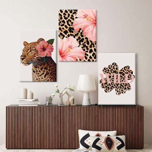 Trendy Leopard Wall Art Pink Cheetah Print Room Decor Leopard Flower Canvas - Image 5