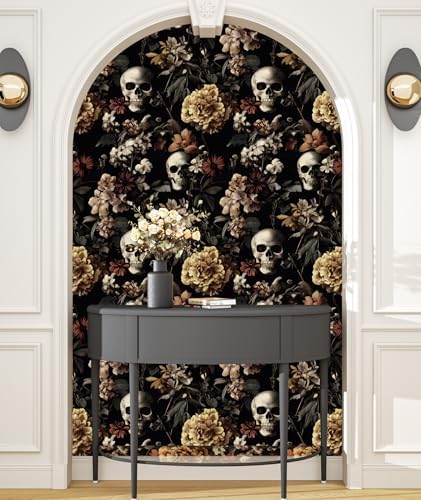 BOKEBEVE Gothic Skull Peel and Stick Wallpaper Vintage Black 17.5 x 118In - Image 5