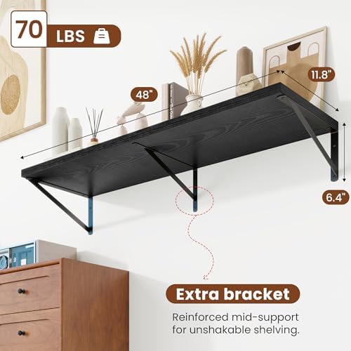 Deep Wall Shelves 48"W x 12"D Engineered Wood Floating Shelves - Image 3