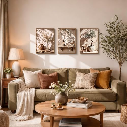 3pcs Wabi Sabi Boho Olive Tree Pampas Grass Framed Canvas Wall Art - Image 3