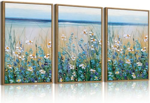 Blue Seaside Cyan Floral Wall Decor Wildflower Canvas Painting Framed Floral by BINCUE