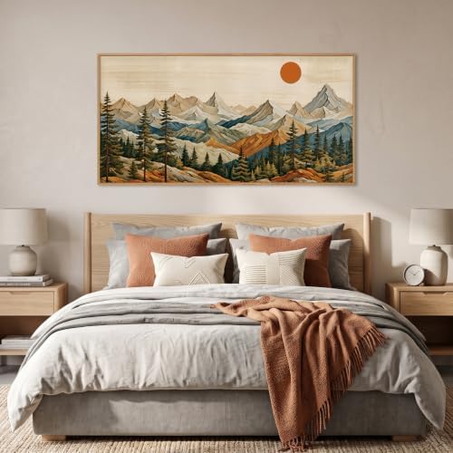 Boho Mountain Woodcut Framed Canvas Wall Art 20"X40" - Image 4
