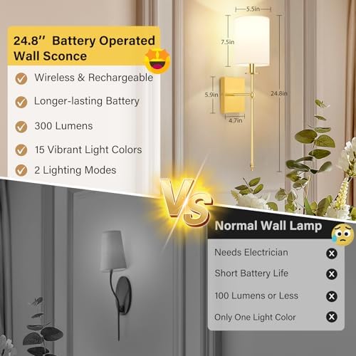 Battery Operated Wall Sconces Set of 2, Rechargeable Sconces - Image 3