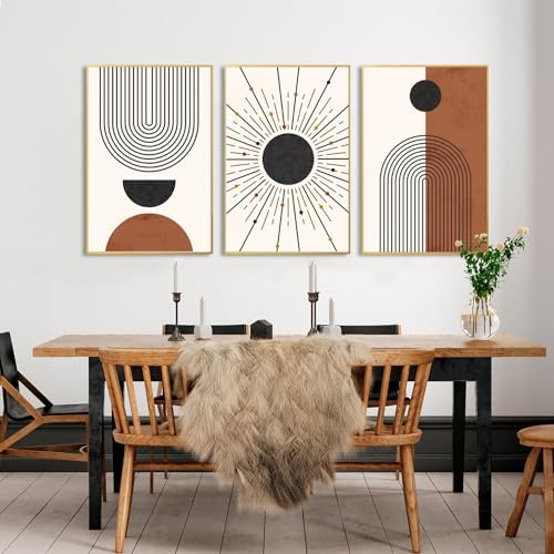 Ausril Minimalist Boho Framed Canvas Wall Art Set, Neutral Geometric Line Sun - Image 3