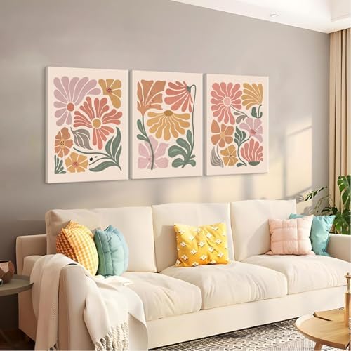 TBKHUDBI Boho Flower Canvas Wall Art Abstract Floral Pictures Prints Set of 3 - Image 3