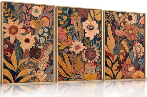 HOURIA Large Mid Century Orange Flower Framed Canvas Wall Art Set-16"x24"x3 by HOURIA