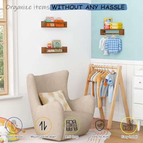 Harwaya Walnut Brown Nursery Book Shelves Wall Mounted, Wooden Floating - Image 5