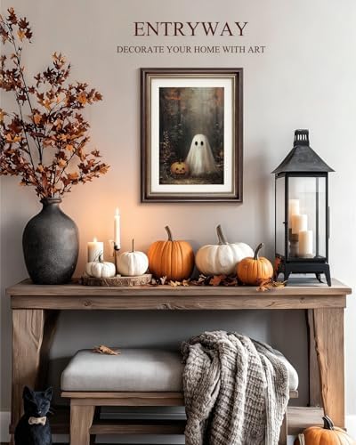 Vintage Fall Wall Art, Cute Halloween Ghost Brown Framed Canvas Picture - Image 2