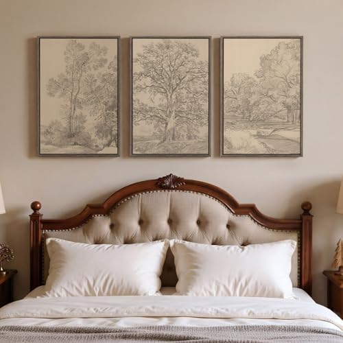 Framed Vintage Neutral Tree Sketch 3 Piece Wall Art Bedroom, 16x24 Inch by Cuspin