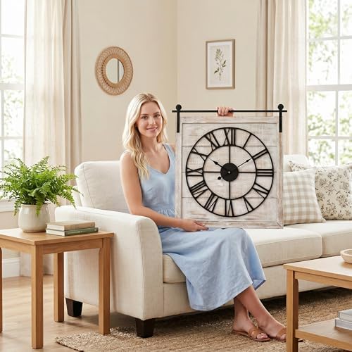 24 Inch Large Rustic Wall Clock, Farmhouse Square Wood Frame - Image 2