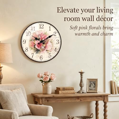 12in Wooden Floral Wall Clock Battery Operated Silent Home Decor - Image 2