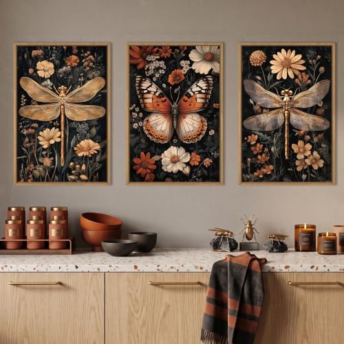 Aryroi Vintage Butterfly Dragonfly Framed Canvas Wall Art Set, Moody Dark - Image 3