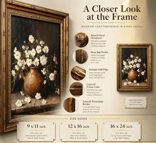 Vintage Gold Framed White Floral Wall Art, Rustic Flower Botanical Still Life - Image 2