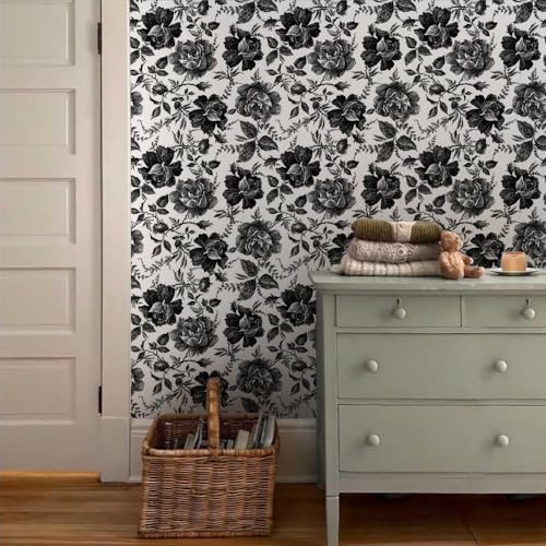 Black and White Peony Floral Rose Vintage Flowers Modern Peel and Stick - Image 3