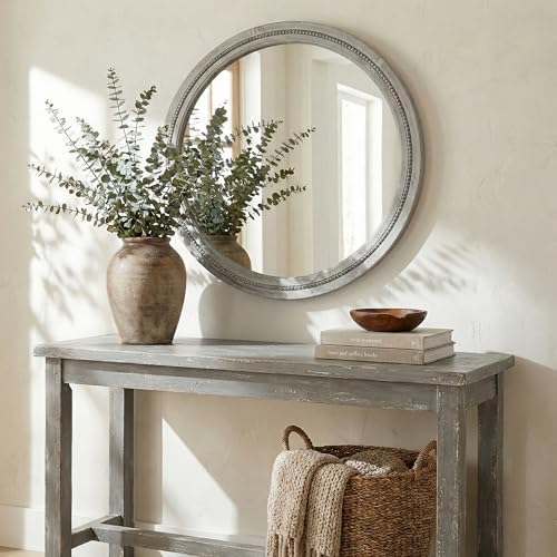Solid Wood 30 Inch Round Beaded Vanity Wall Mirror, Weathered Gray - Image 2