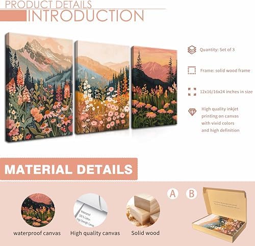 Framed Wildflower Mountain Landscape Wall Art Set of 3, Colorful Floral Wall - Image 3