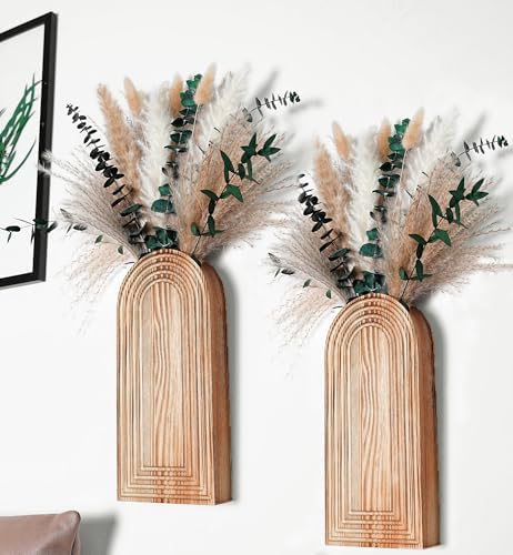 Set of 2 Wooden Vases with Pampas Grass and Eucalyptus – Boho Decor by Unknown
