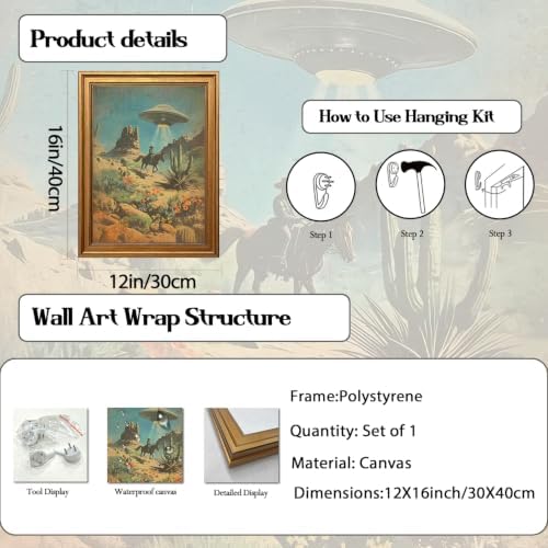 Vintage Gold Framed Western Wall Art, Retro Cowboy UFO Abduction Pictures Wall - Image 5