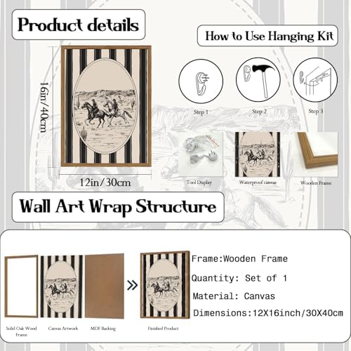 Western Cowboy Drawing Wall Art Black and white Cowboy Stripe Wall Decor - Image 3