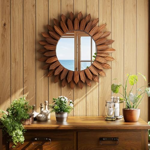 20" Walnut Round Sunburst Wooden Mirror Boho Rustic Wall Decor - Image 2