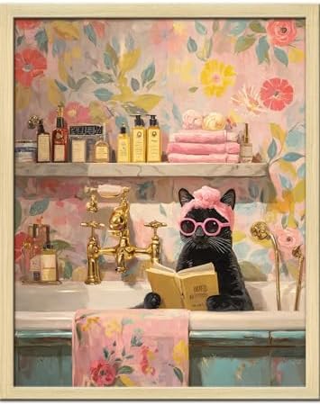 Funny Elegant Cat Wall Art Print Cat Lady In The Bathtub Poster Canvas Art Wall by Tsomzxng