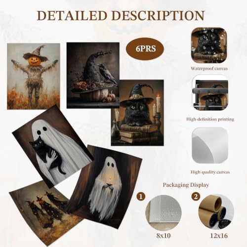 HTTART Vintage Halloween Poster Wall Art Set of 6, Dark Academia Ghost Black - Image 5