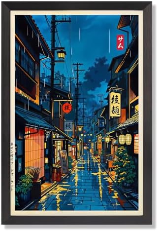 Black Framed Rainy Japanese Street Canvas Wall Art 8x10in by Unknown