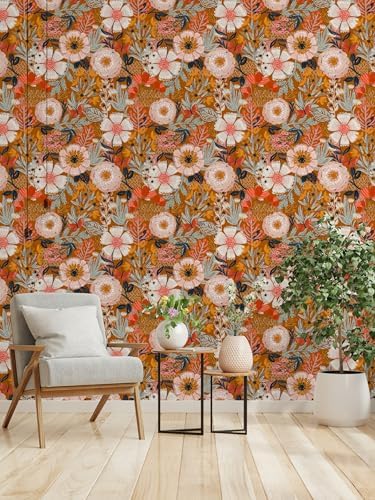 HAOKHOME Boho Wallpaper Peel and Stick Floral Retro Orange Pink Colorful - Image 6