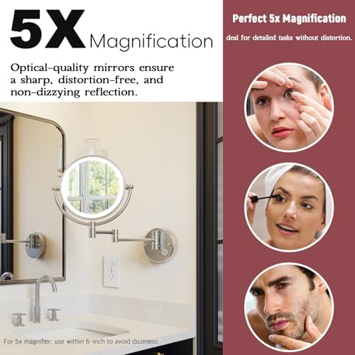 Wall Mounted Lighted Makeup Mirror, 1/5X Magnifying, Brass Brushed Nickel - Image 4