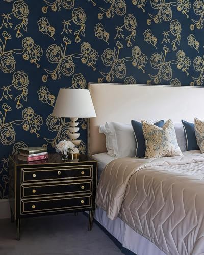 Safiyya 590"x17.3" Peel and Stick Wallpaper Gold and Blue Contact Paper Floral - Image 6