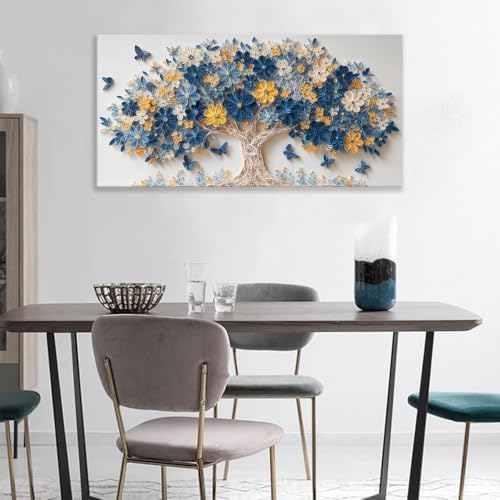 Blue Yellow Floral Tree Of Life Butterfly Canvas Wall Art Decor 24" X 48" - Image 2