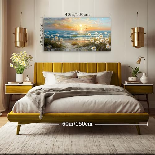SERIMINO Sunset Landscape Wall Art, Coastal Floral Canvas Painting 20"X40" - Image 5