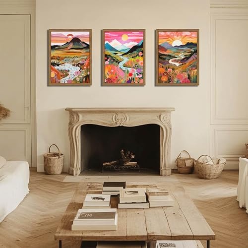 Wood Framed Boho Colorful Landscape Canvas Wall Art Set of 3 - Image 5