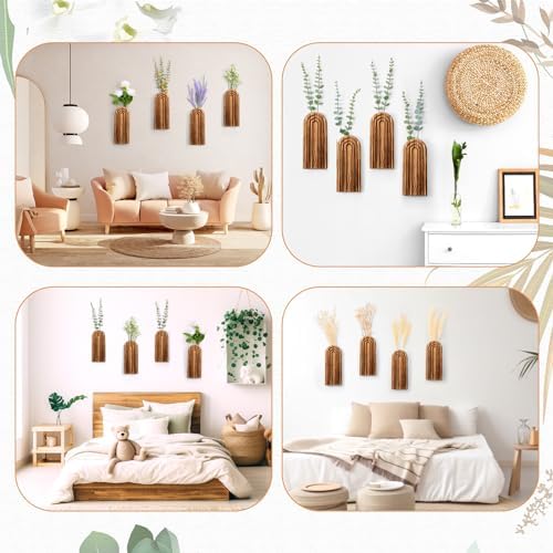 Ziliny 4 Pack Boho Wall Planters Wood Hanging Vases Indoor, Dark Brown - Image 6