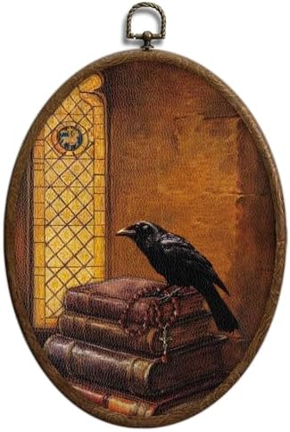 Vintage Raven Crow Oval Wall Art, Church and Raven Oval Framed Wall Art by Unknown