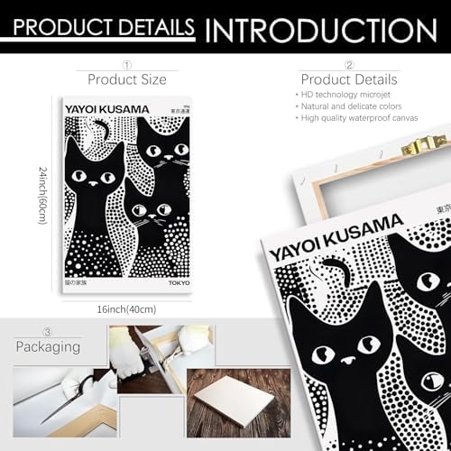 Cute Black Cat Poster Japanese Yayoi Kusama Wall Art 16X24 inch Framed Trendy - Image 2