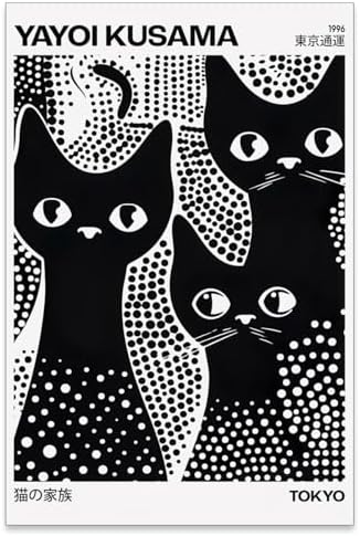 rumlud Cute Black Cat Poster Japanese Yayoi Kusama Wall Art Trendy Animal by rumlud