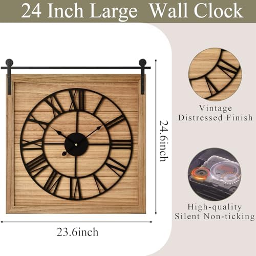 EMAX HOME 24 Inch Large Farmhouse Wall Clock, Unique Square Rustic Solid Wood - Image 4