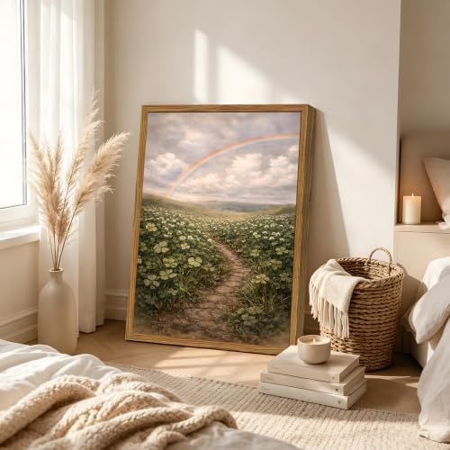 Framed Vintage Landscape Canvas Wall Art, Rustic Wildflower Field Rainbow - Image 4