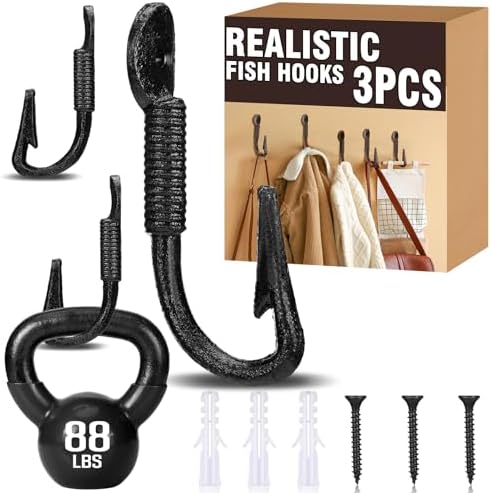 Duraaamo 3 Pcs Realistic Fish Hooks Cast Iron Wall Hook Rustic Wall Hanger by Duraaamo