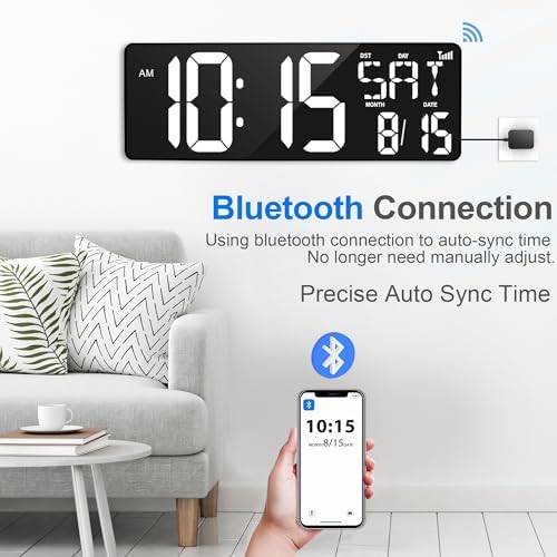 XREXS 17.2" Digital Wall Clock Bluetooth Sync Time - Image 2