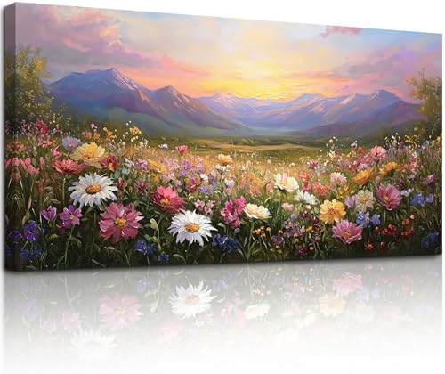 crmotu Rustic Oversized Canvas Art, Mountain Flower Sunset Prints 29"x57" by crmotu