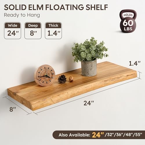 24" Floating Shelves Set of 2, Solid Elm Wood, Natural Live Edge - Image 3
