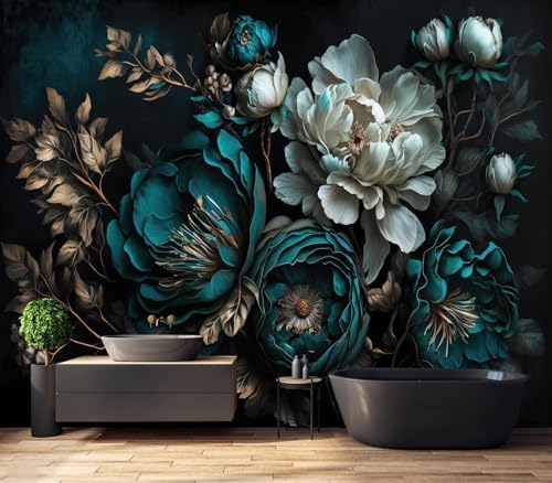 Luxurious Moody Dark Teal & Cream Peony Floral Wallpaper Mural - Image 4