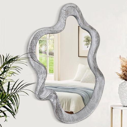 Irregular Wooden Framed Wall Mirror Modern Asymmetrical Mirror Rustic Black by Lzuso