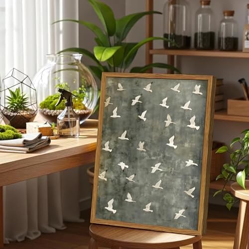 Framed Vintage Flying Bird Canvas Wall Art, Minimalist Abstract Flock of White - Image 4