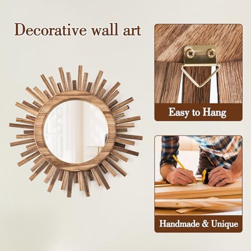 12 Inch Boho Sunburst Mirror, Round Wooden Wall Decor Starburst Sun Mirror - Image 4