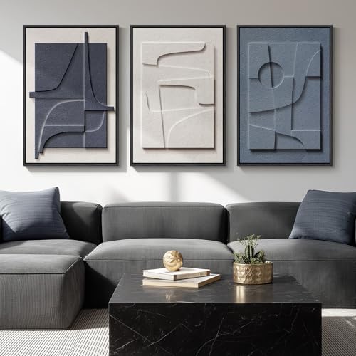Large 3D Textured Framed Blue White Abstract Wall Art Set, 3 Piece 20x30 In by Cuspin