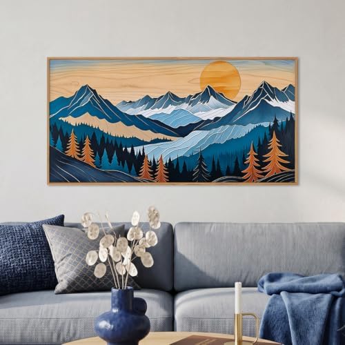 Boho Vintage Mountain Framed Canvas Wall Art Set, Woodcut Pine Tree Landscape by Celestdeco